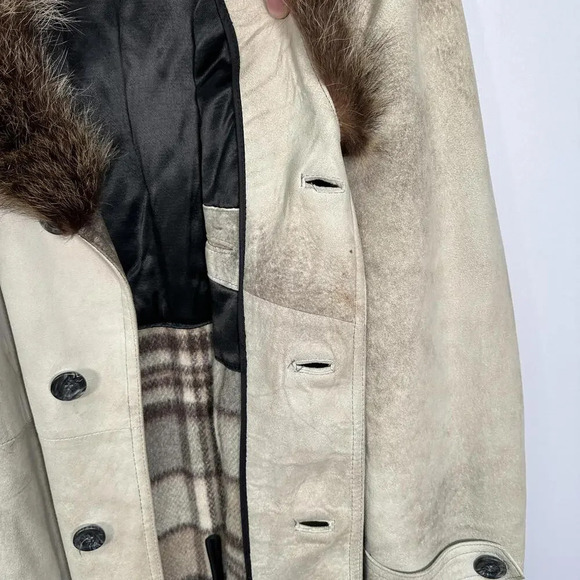 Vintage Cream Suede Fur 1970s Winter Coat Large - Picture 7 of 10